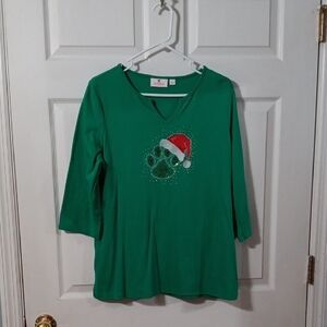 Quacker Factory Green Holiday Paw Print Long Sleeve Top